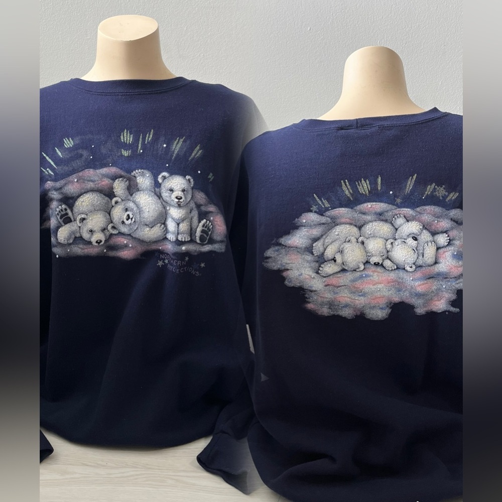 Vintage Northern Reflections Polar Bears Double Sided Graphic Navy Blue Pullover